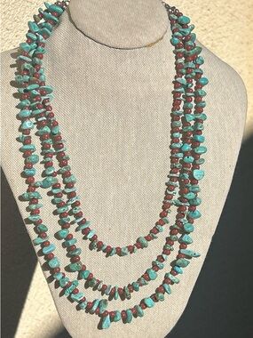Turquoise and Red Multi-Strand Beaded Necklace - 22 inch